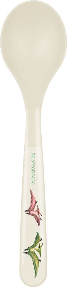 Cremefarbener Löffel mit zwei Dino-Illustrationen und „DIE SPIEGELBURG“-Text am Griff.