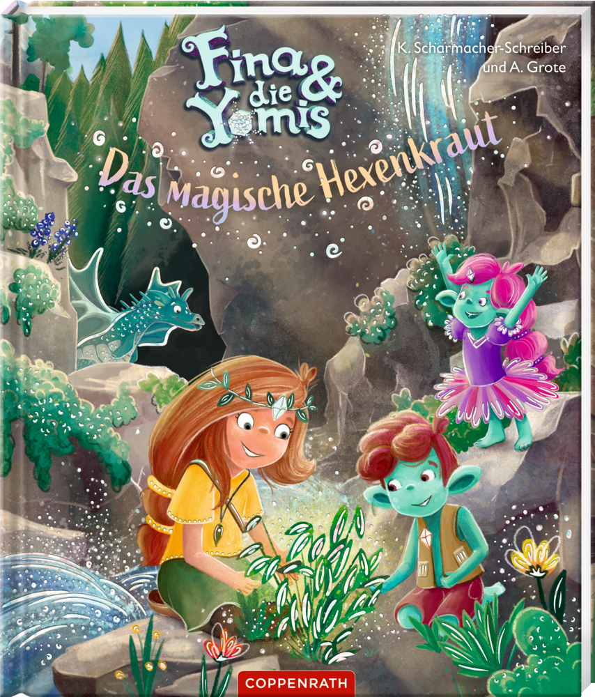 Fina & die Yomis (Bd.2) – Das magische Hexenkraut Zwei magische Kinder sammeln leuchtende Pflanzen im Wald mit Drache und Fee, Buchcover von "Fina & die Yomis - Das magische Hexenkraut".