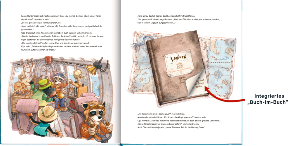 Kinderbuch aufgeschlagen: Links eine Flugzeugszene, rechts ein Logbuch auf alten Karten.