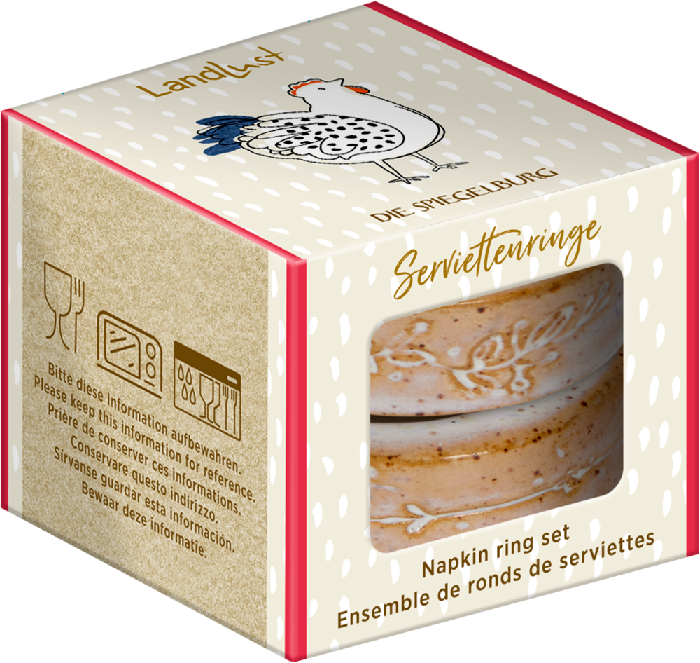 Serviettenringbox aus Keramik mit Hühnerillustration und mehrsprachigem Text auf der Verpackung.