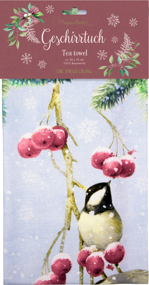 Verpacktes Geschirrtuch mit Wintermotiv, zeigt einen Vogel auf schneebedeckten roten Beeren und Zweigen vor hellem Hintergrund.