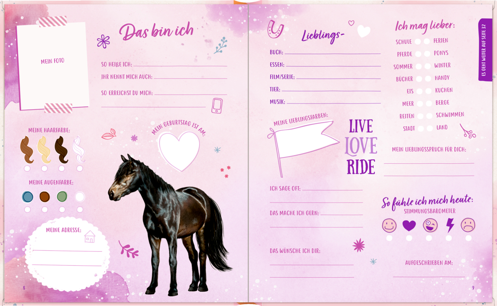 Rosa Freundebuch-Seite mit Pferd, persönlichen Infofeldern und niedlichen Symbolen für Favoriten und Wünsche.