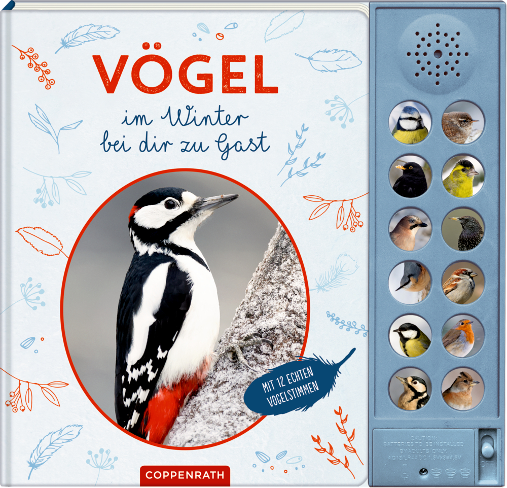 Auf dem Buchcover sind ein Spechtfoto, Vogelillustrationen und SoundknÃ¶pfe fÃ¼r verschiedene WintervÃ¶gel abgebildet.