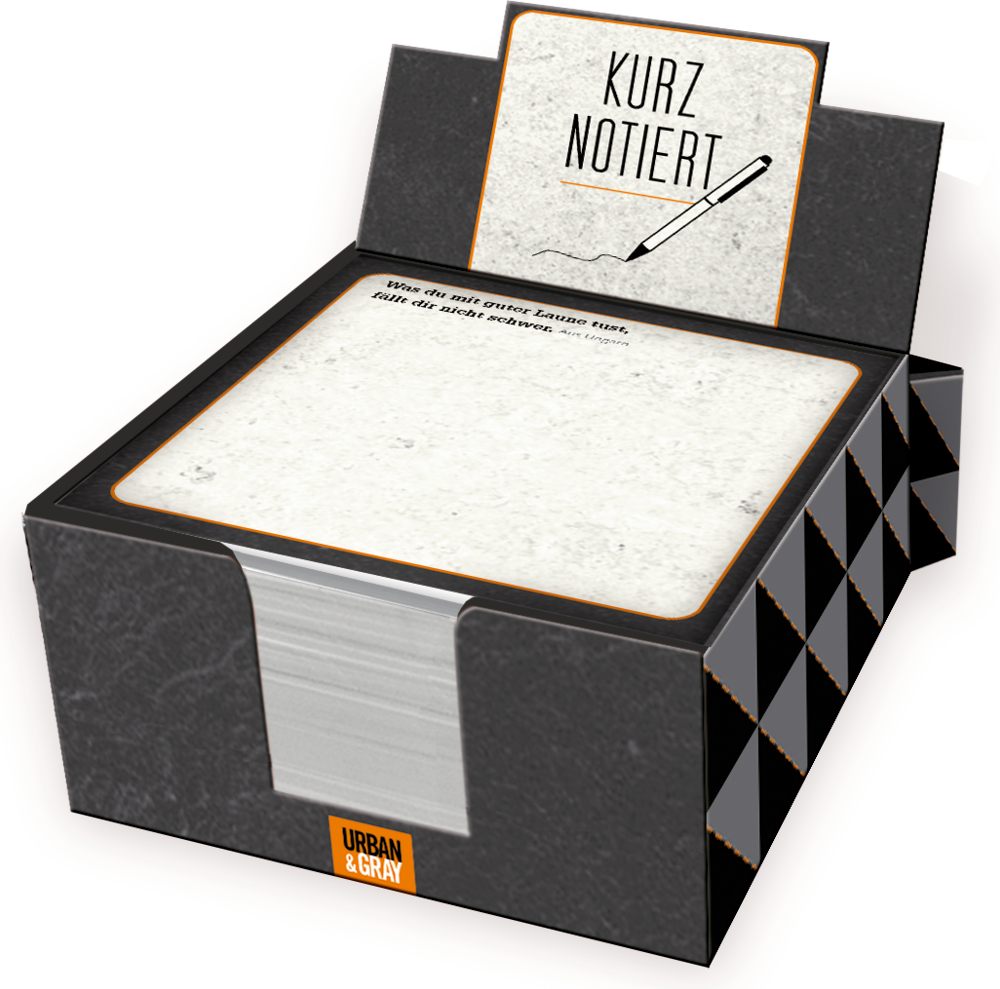 Zettelkästchen "KURZ NOTIERT" Urban&Gray  Schwarz-weißer Notizblock mit der Aufschrift „KURZ NOTIERT“ und einer Stiftillustration auf dem Deckblatt.