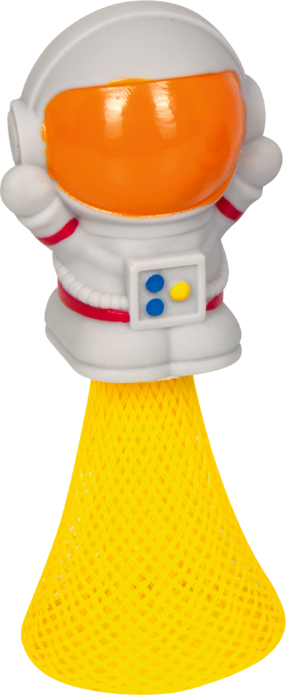 Spielzeug-Astronaut mit orangem Visier und gelbem Netz, das wie ein Raketenstart aussieht.