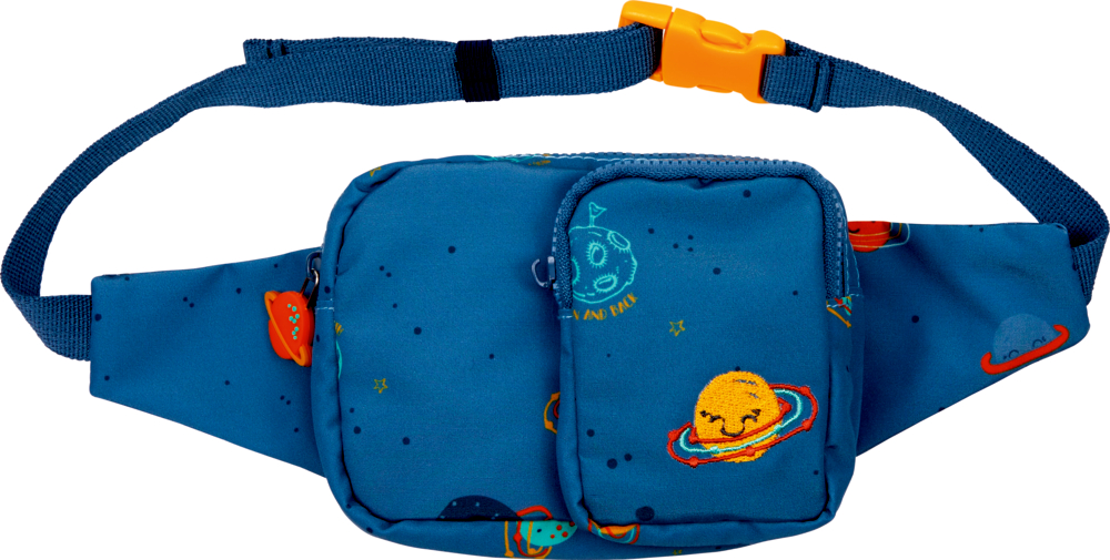 Blaue Gürteltasche mit Cartoon-Planeten, Sternen, zwei Reißverschlusstaschen und einer orangefarbenen Schnalle.