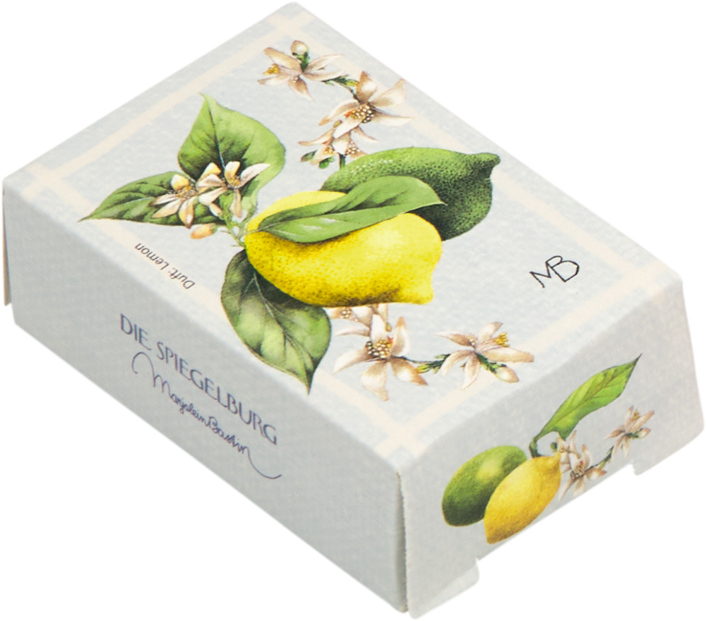 Rechteckige weiße Schachtel mit Zitronen- und Blumenmotiven.