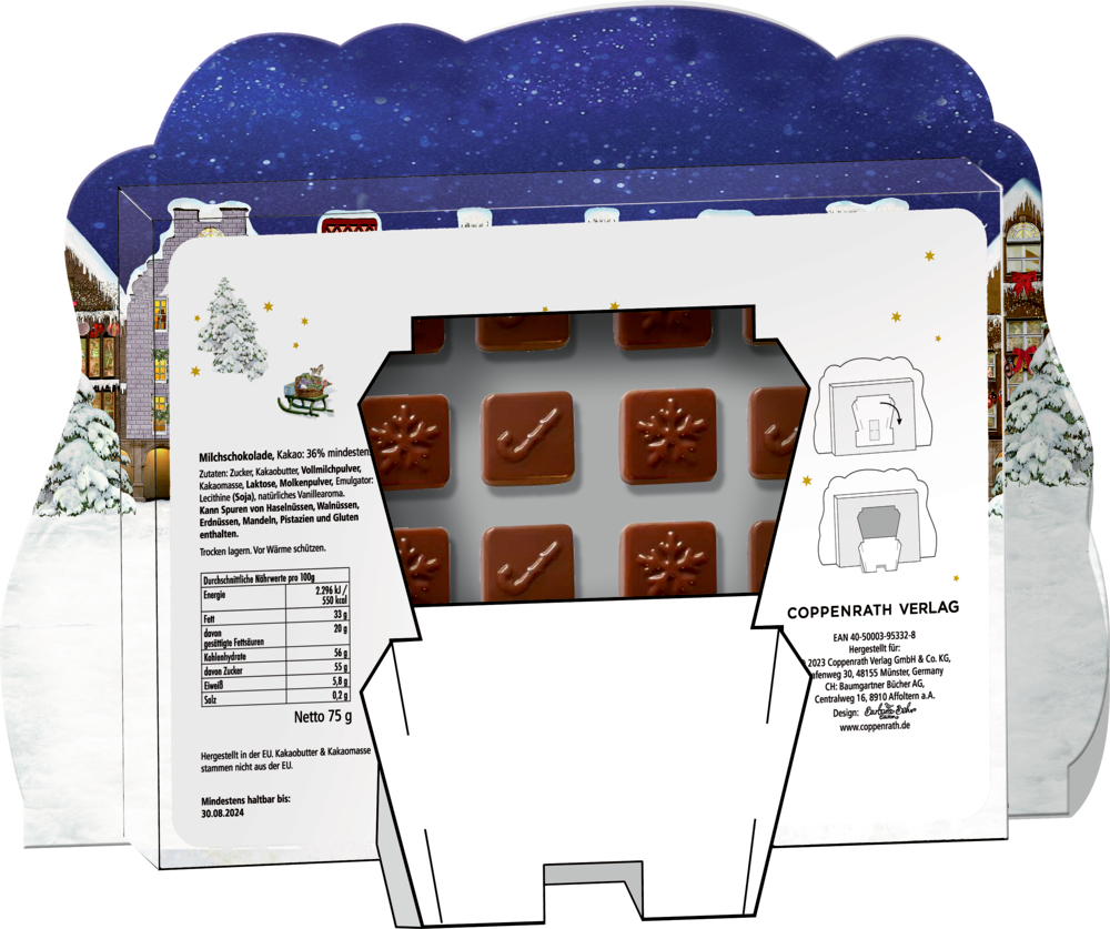Adventskalender mit Milchschokoladenstückchen, Winterdorf-Box-Design und sichtbaren Nährwertangaben.