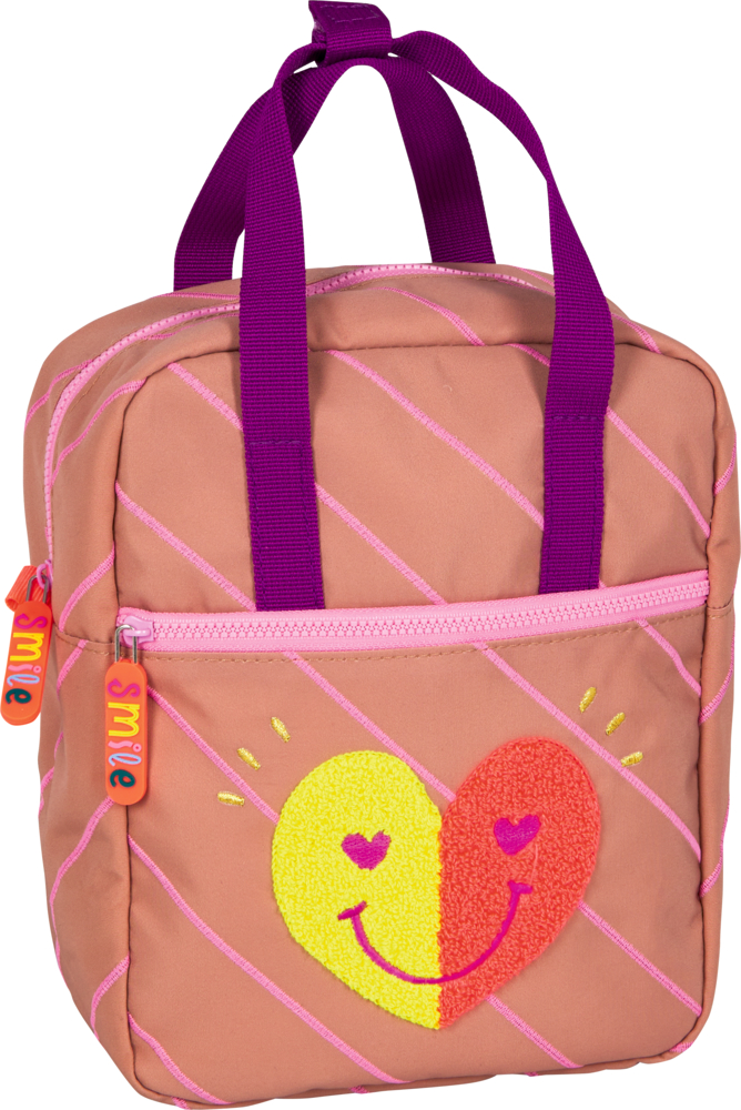 Rosafarbener Rucksack mit lila Trägern, lachendes Herz-Design, Reißverschlusspuller mit "smile".