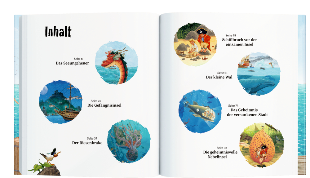 Lebendige Inhaltsseite mit Meeresbewohnern, Inseln und Schiffen in kreisförmigen Rahmen.
