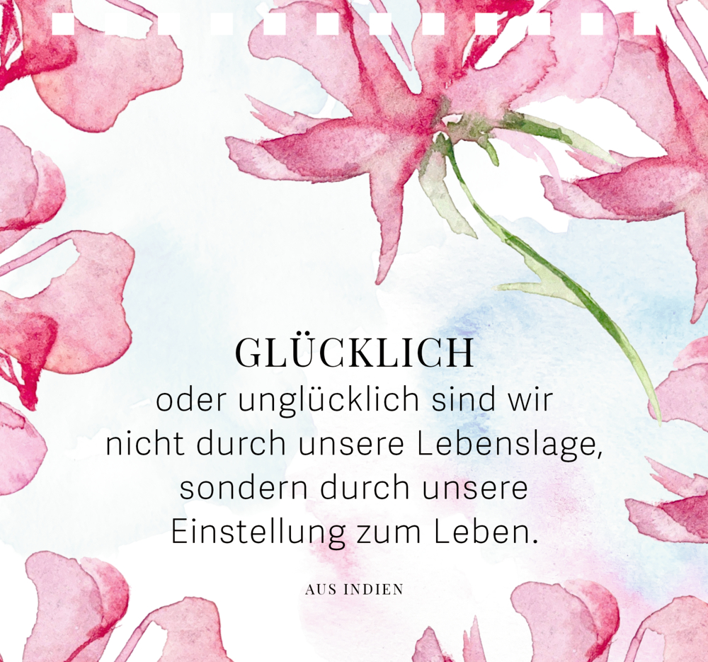 Aquarell-pinke Blumen umrahmen ein zentriertes  Zitat zu Glück und Einstellung auf weißem Hintergrund.