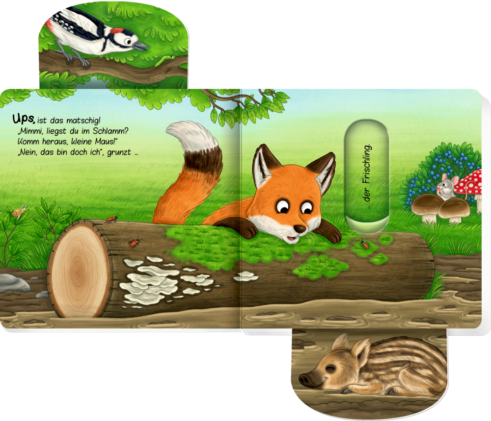 Auf einer Doppelseite mit Text betrachtet ein Fuchs einen Moosstamm, während Specht, Pilze und Wildschwein im grünen Wald sind.