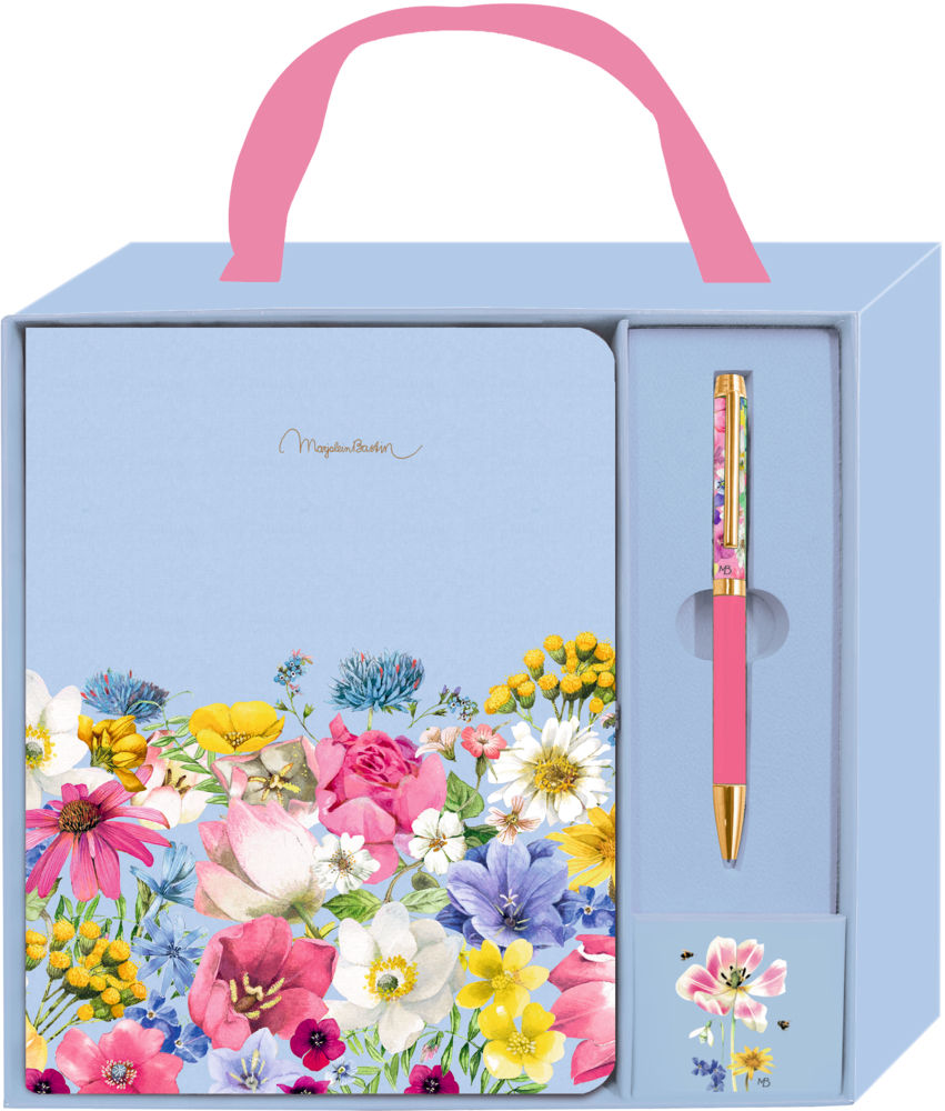 Hellblaues Geschenkset mit floralem Notizbuch, passendem Stift und Karte in einer Box mit rosa Henkel.