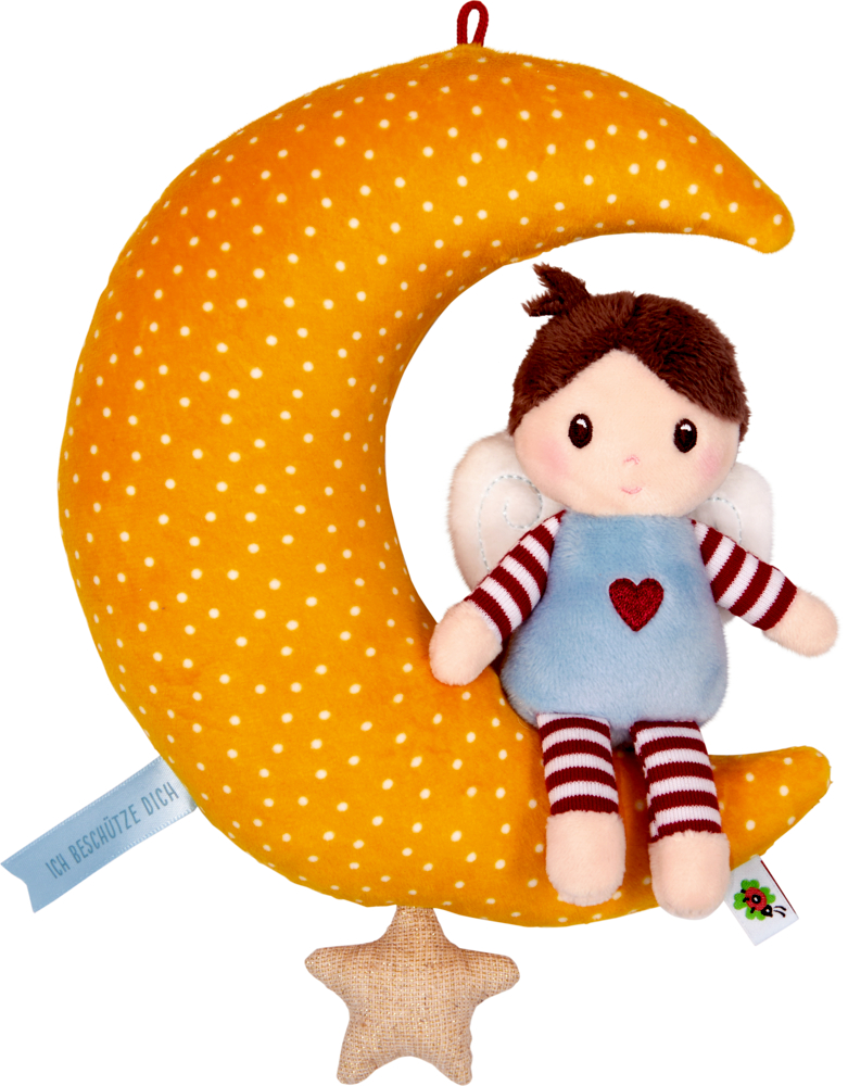 Spieluhr Schutzengel - BabyGlück Plüschengelpuppe mit gestreiften Beinen sitzt auf einem gelb gepunkteten Halbmondkissen, darunter hängt ein Stern.