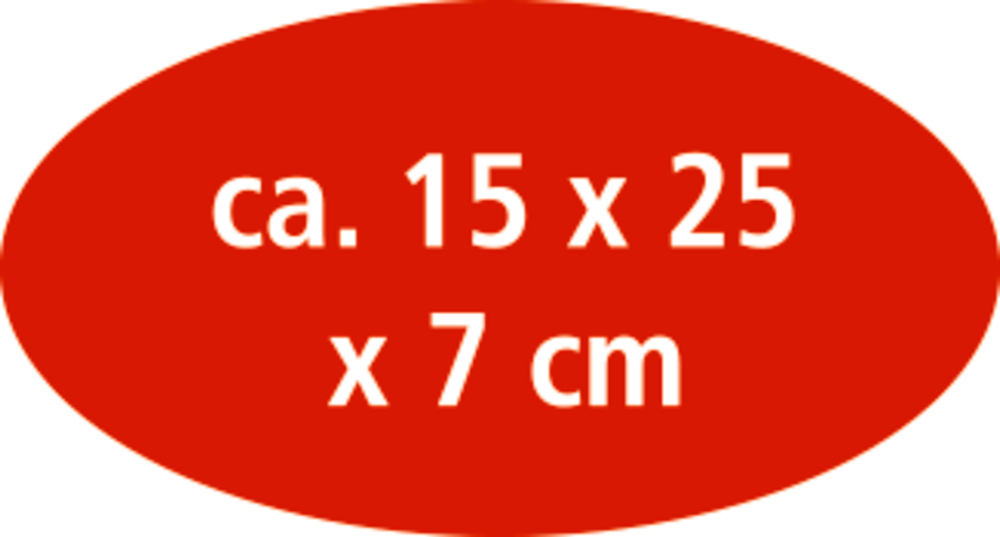 Rotes Oval, weiße Schrift. Info zu Maßen: ca. 15 x 25 x 7 cm.