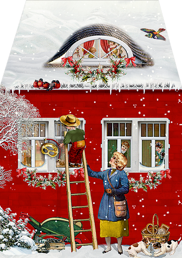 Frau hält Leiter, auf der ein Kind zu einem verschneiten roten Haus mit weihnachtlich geschmückten Fenstern steigt.