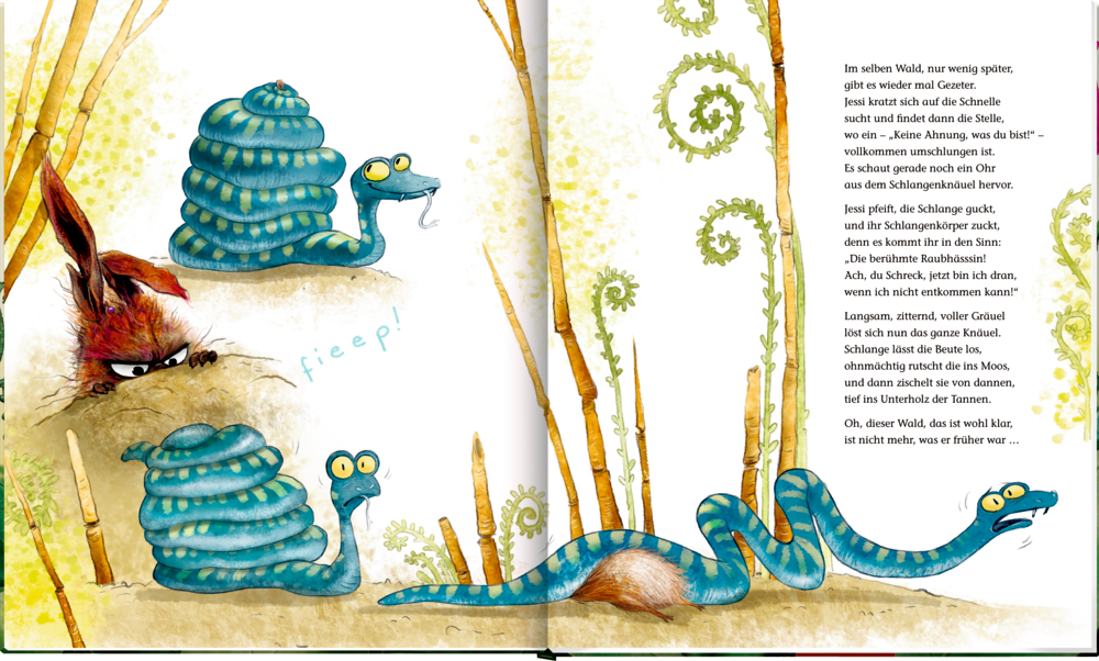 Auf einer Innenansicht mit  Text ist eine blaue Schlange die ein anderes Tier gefangen hat und ein roter Hase zusammen auf Gras und Erde.