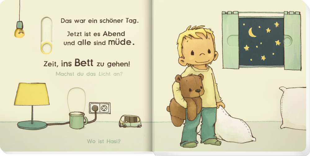 Aufgeschlagenes Pappbuch mit Kind, das ins Bett gehen möchte und Schiebern zum Verändern der Ansicht.