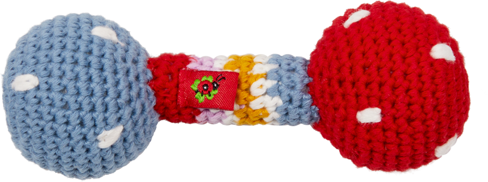 Häkel-Rassel - BabyGlück Gehäkeltes babyspielzeug in Form einer Hantel mit roten und blauen Enden und einem mehrfarbigen Griff.