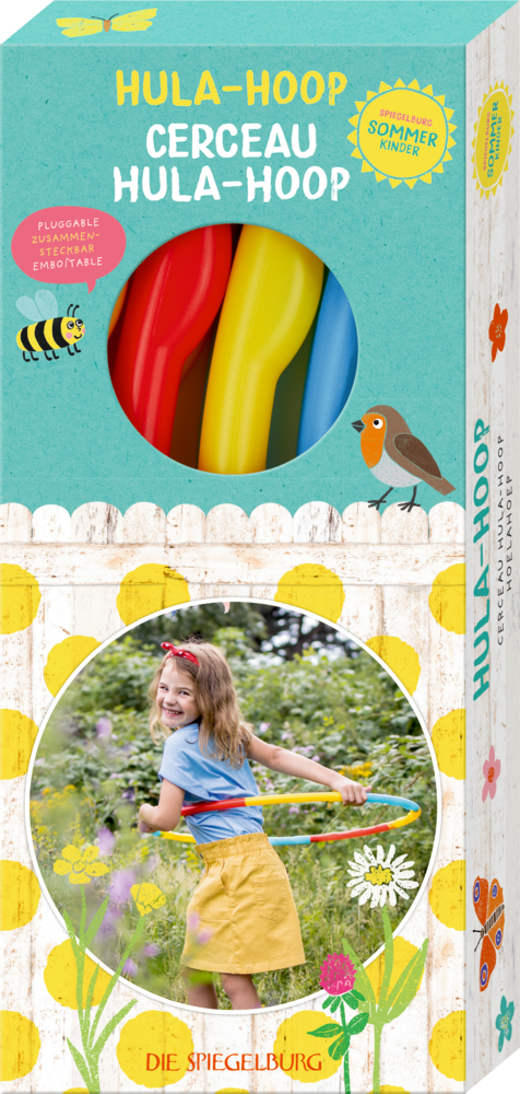 Bunte Hula-Hoop-Set-Verpackung mit einem lächelnden Mädchen, das draußen in einem Garten mit einem Hula-Hoop spielt.