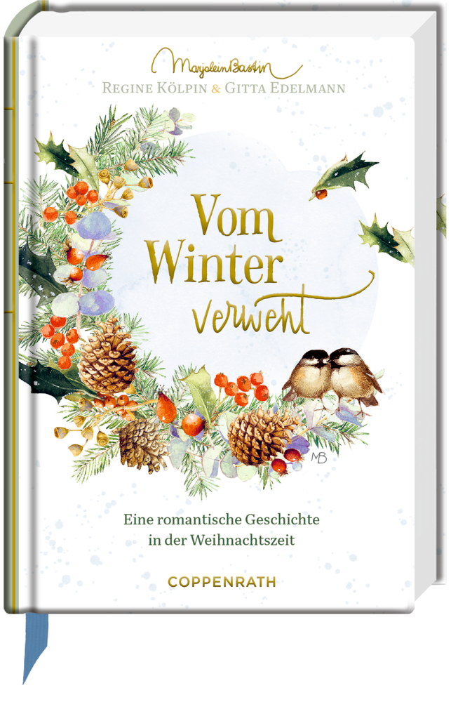 Buchcover: Wintergrün, Tannenzapfen, zwei Vögel, Titel „Vom Winter verwöhnt“ in goldener Schrift.