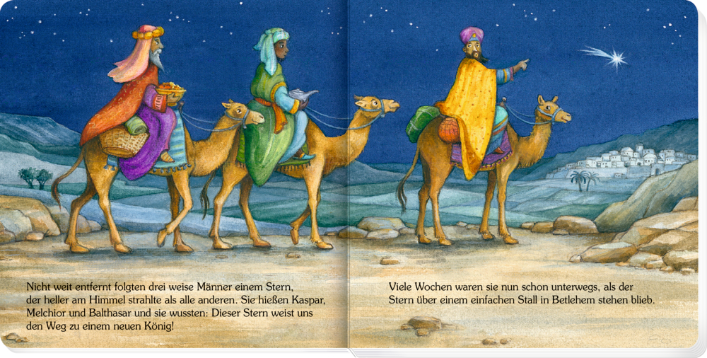 Drei Weise reiten nachts auf Kamelen dem hellen Stern über der Wüste nach Bethlehem folgend.