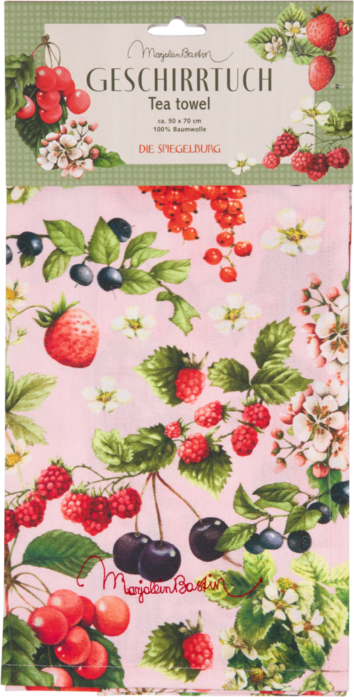 Geschirrtuch mit bunten Beeren, Kirschen und Blumen auf rosa Hintergrund, verpackt mit Text.