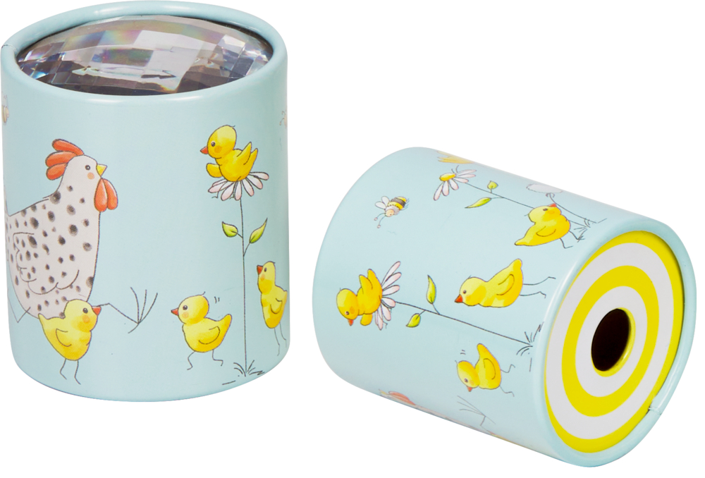 Hellblauer zylindrische Gegenstand mit Guckloch und prismatischem Glaseinsatz.