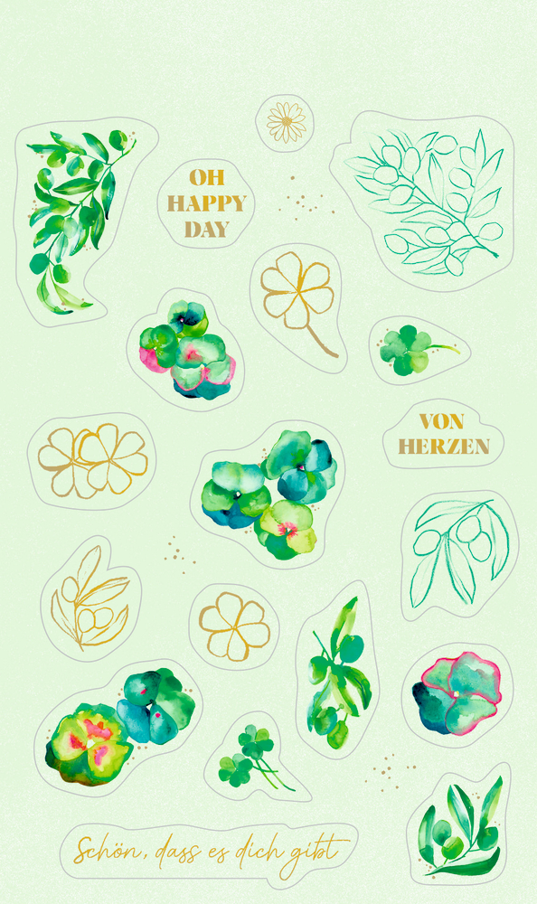 Aquarell-Kleeblätter und Blumen mit goldenen Konturen, deutsche Sprüche auf hellgrünem Hintergrund.