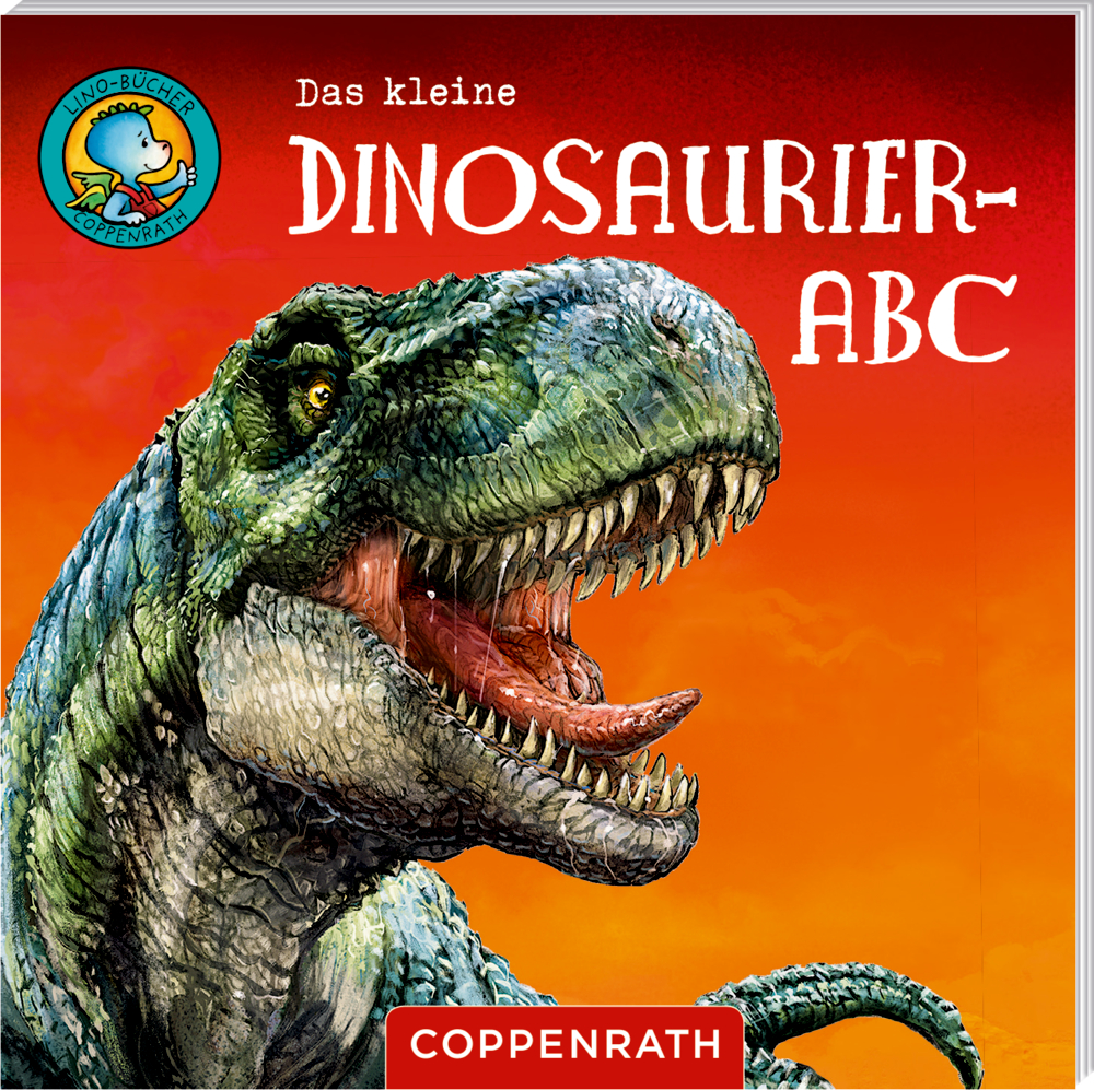 Buchcover mit gezeichnetem T-Rex mit geöffnetem Maul vor orangefarbenem Hintergrund.