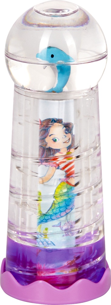 Kaleidoskop mit Delfin - Nella Nixe "Durchsichtige Spielzeugröhre mit Meerjungfrauenbild im Inneren, blauem Delphin obenauf und lila-rosa Basis."