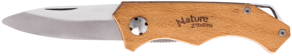 Klappbares Taschenmesser mit graviertem Holzgriff (Nature Zoom) und Klinge aus rostfreiem Stahl.