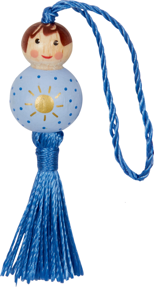 Glückspüppchen "Kraft" Viel Glück Kleine Holzperlenpuppe mit bemaltem Gesicht, blauem Körper mit Sonnenmotiv und einer blauen Quaste und Schlaufe zum Aufhängen.