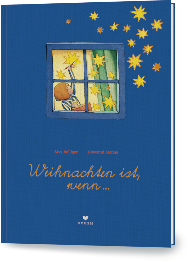Kind am Fenster, draußen Sterne. Titel: Weihnachten ist, wenn...