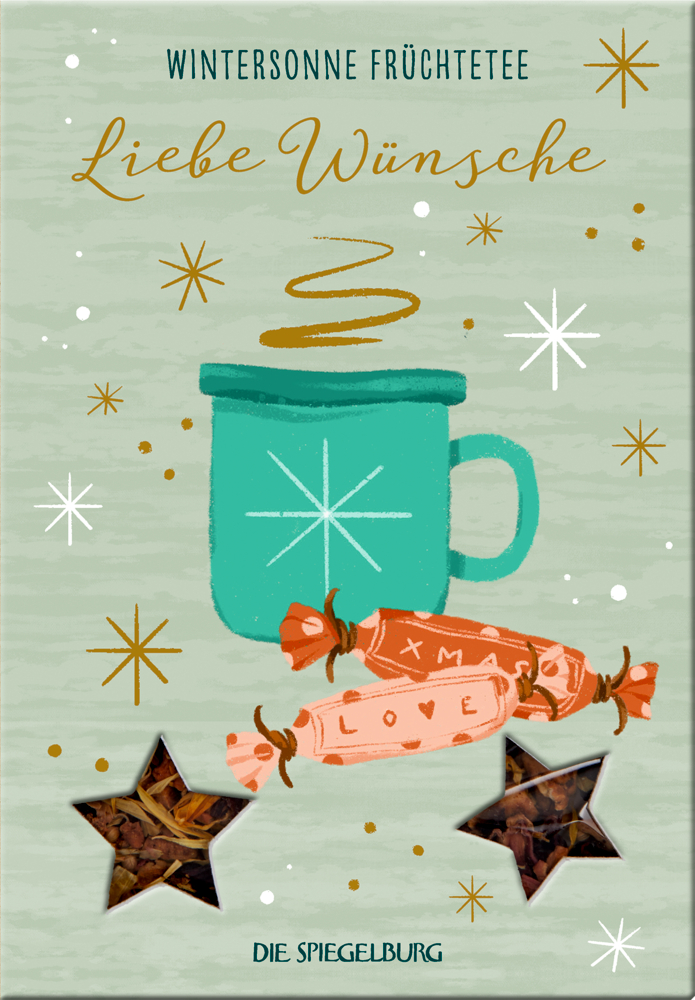 Hellgrüner Pappumschlag mit einer grünen, illustrierten Tasse mit Dampf. Danaben Süßigkeiten, Sterne und der Text "Wintersonne Früchtetee Liebe Wünsche".