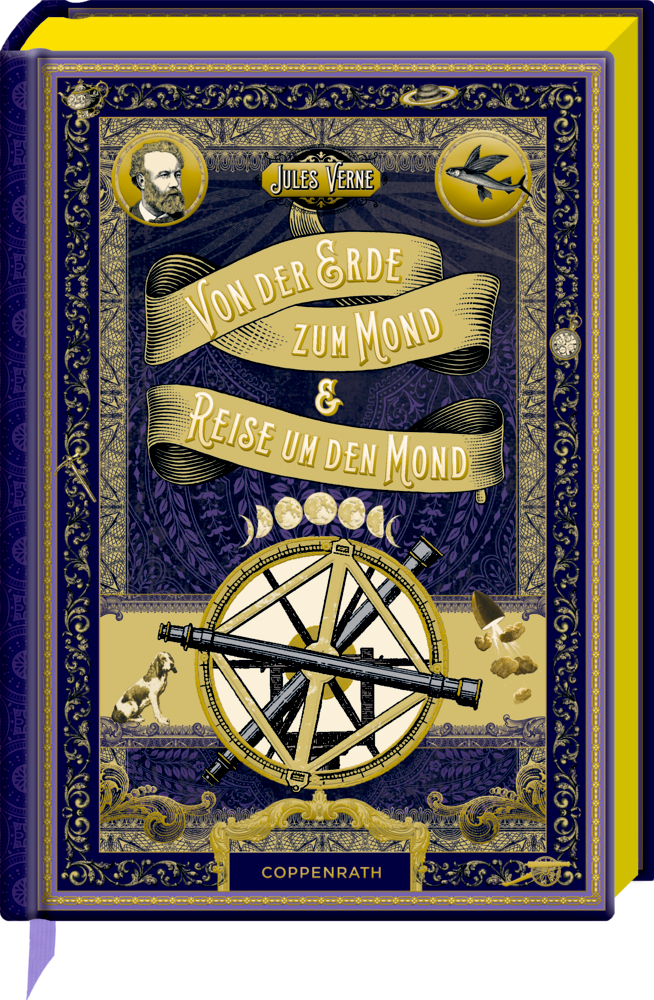 Große Schmuckausgabe: J. Verne, Von der Erde zum Mond & Reise um den Mond Prunkvoller blau-goldener Einband für Jules Vernes „Von der Erde zum Mond & Reise um den Mond“.