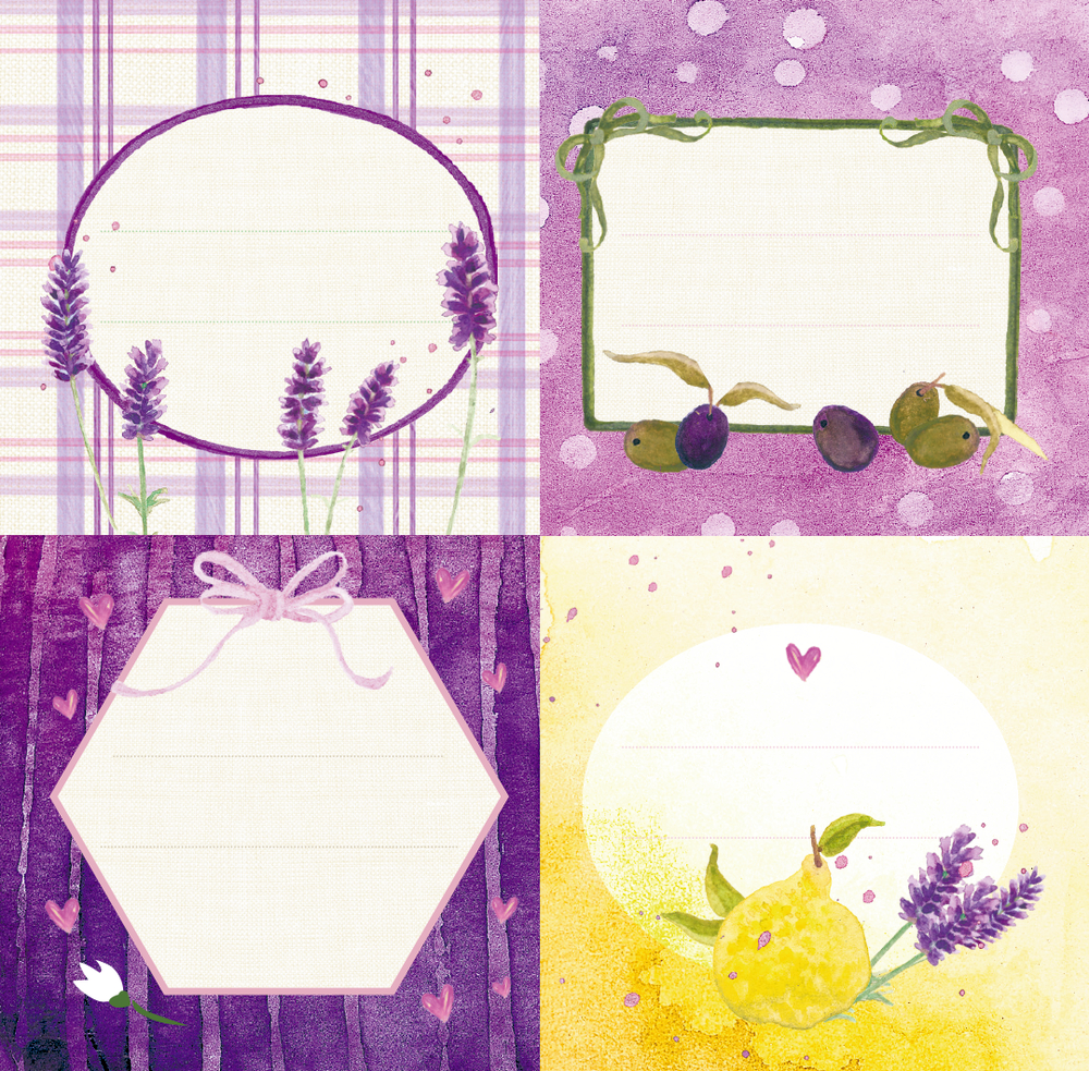 Vier violette und gelbe Etiketten mit Blumen, Früchten und Schleifen auf strukturiertem Hintergrund.