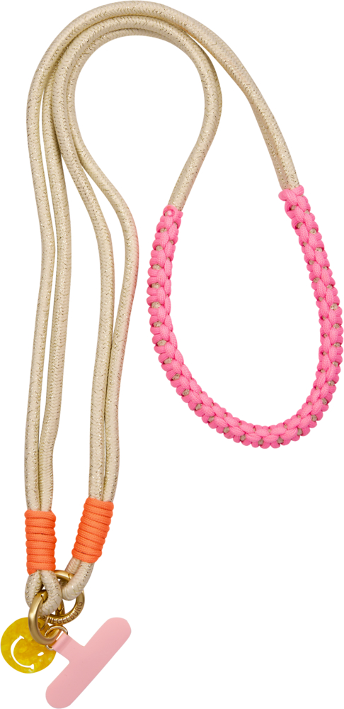Beiger Seilanhänger mit rosa und orangenen Details, daran ein gelber und rosa Schlüsselanhänger.