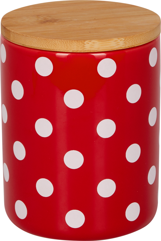 Vorratsdose Fröhliche Tupfen aus Keramik (ca. 0,65 l) Rotes, rundes Keramikglas mit weißen Punkten und Holzdeckel.