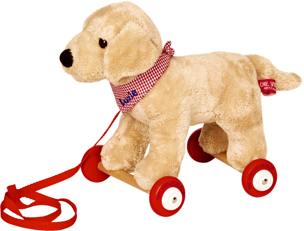 Labrador Luzie auf Holzrollen - Lustige Tierparade Plüsch-Hundespielzeug auf roten Rädern, mit einem rot karierten Schal und einer roten Zugschnur zum Ziehen.