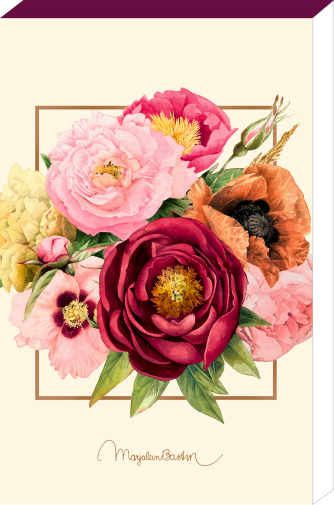 Notizblöckchen mit bunten, detailreichen Blumen mit grünen Blättern auf cremefarbenem Hintergrund von Marjolein Bastin.