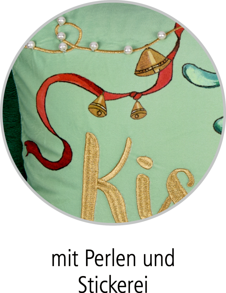 Nahaufnahme des grünen Kissens mit goldfarbener Stickerei und aufgenähten weißen Perlen.