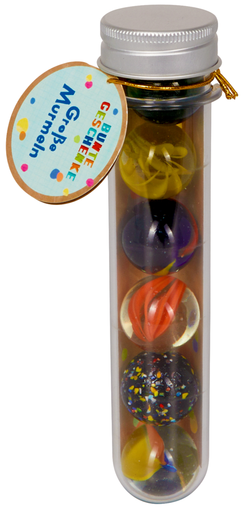 Große Murmeln - Bunte Geschenke Klare Kunststoffröhre mit bunten Murmeln, versiegelt mit einem silbernen Deckel und einem runden Etikett an einer goldenen Schnur.
