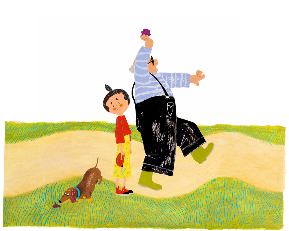 Ein Kind, eine Person, die eine Hand hebt, und ein brauner Hund gehen einen gewundenen Pfad durch grünes Gras entlang.