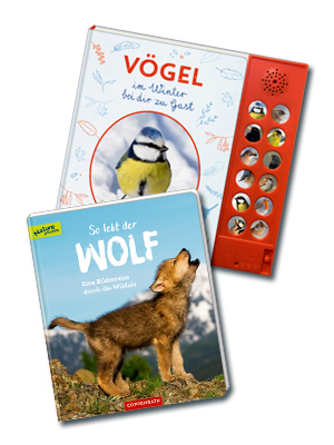 Cover zweier Coppenrath Titel zum den Themen Vögel und Wölfe auf weißem Hintergrund