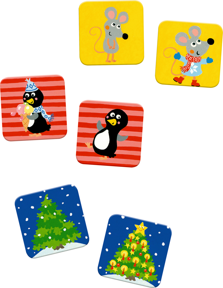 Sechs farbenfrohe Karten zeigen Mäuse, Pinguine und Weihnachtsbäume auf lebendigen Hintergründen.