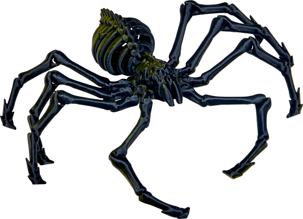 Vor einem weißen Hintergrund steht eine schwarze, mechanische, spinnenartige Kreatur mit scharfen, gegliederten Beinen.
