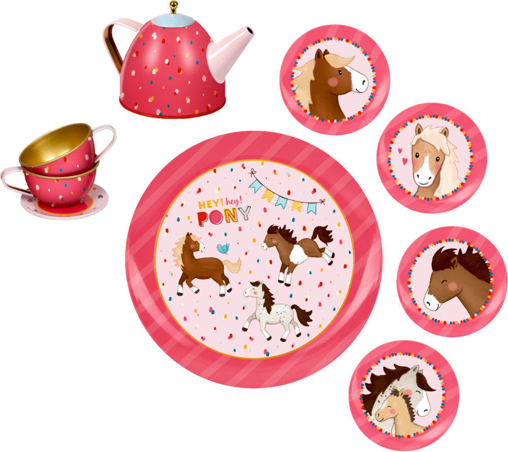Rosa Pony-Teeservice für Kinder mit Tellern, Tassen, Teekanne und Pony-Illustrationen.