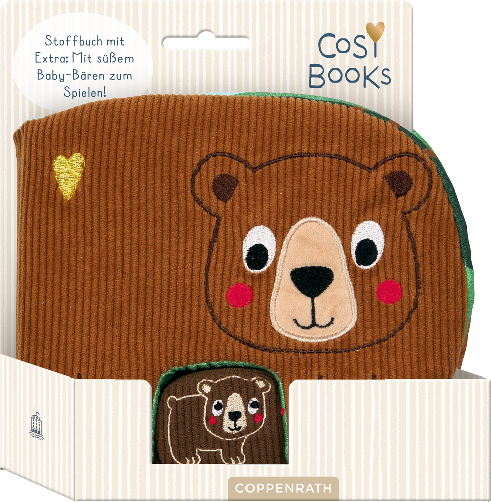 Weiches Stoffbuch mit Bärenmotiv und kleiner passender Greiffigur in einer Schachtel.