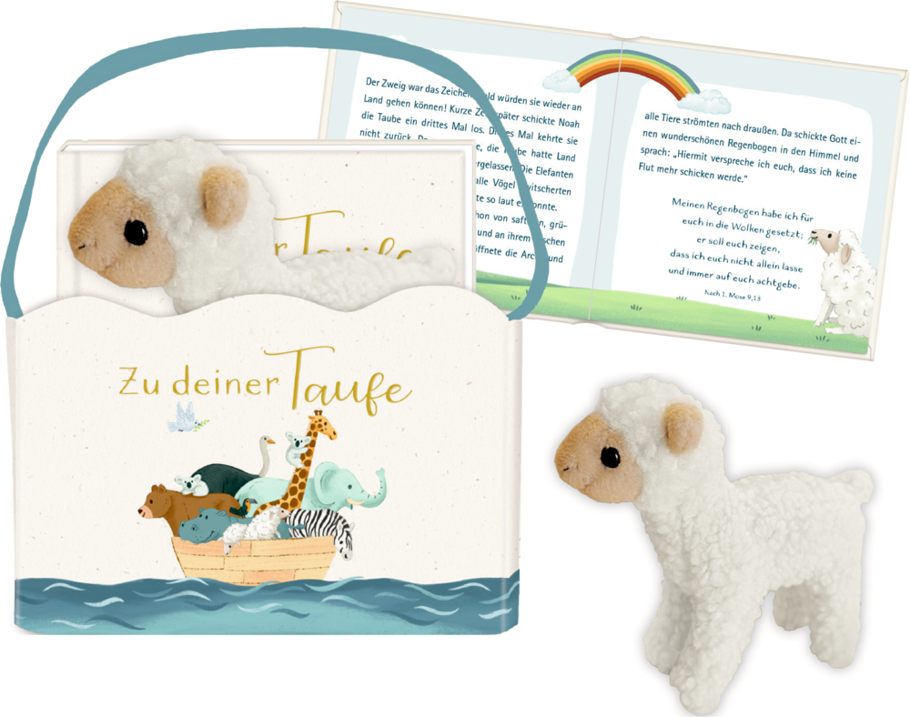 Geschenkset Buch und Lamm - Zu deiner Taufe (Arche Noah) Geschenktüte mit Plüsch-Lämmchen und Buch, sowie offenes Buch mit Regenbogen und deutschem Text.